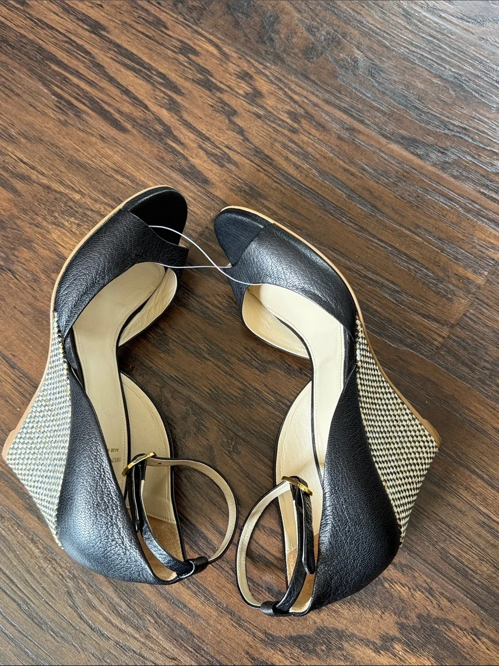 Bruno Magli Black Leather Peep-Toe Wedge Sandals with Raffia-Wrapped Heel